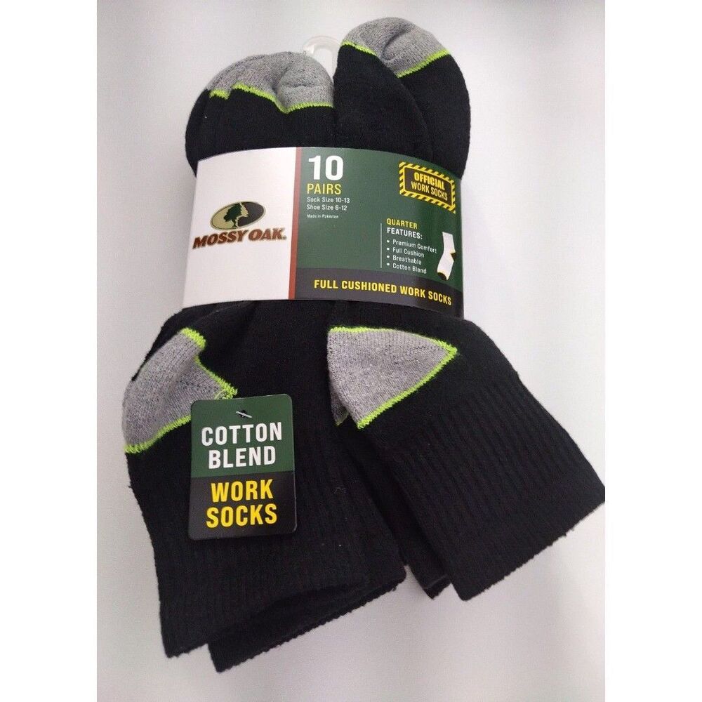 Mossy Oak Men's Extra Full Cushion Work Crew Socks 10 Pairs NEW Black Gray 6-12